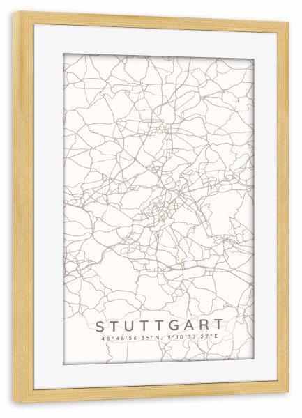 Poster mit Rahmen kiefer "Stuttgart minimalist map taupe" artboxONE - Städte,Städte / Stuttgart,Kartografie
