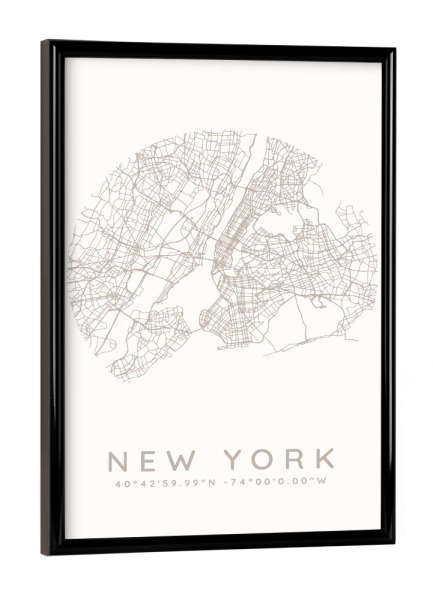 Poster mit schwarzem Rahmen "New York minimalist map white" artboxONE - Städte,Städte / New York,Kartografie