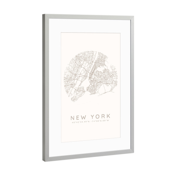 Poster mit Rahmen Silber "New York minimalist map white" artboxONE - Städte,Städte / New York,Kartografie