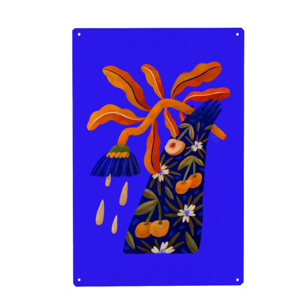 Holzbild "Flaming Garden - Hand mit Blume" artboxONE - Natur,Floral,Menschen - Blume,Blüte,Natur,Botanik,Garten,Pflanze,Kontrast,Farbe