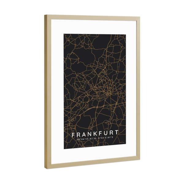Poster mit Rahmen Gold "Frankfurt minimalist map dark" artboxONE - Städte,Städte / Frankfurt,Kartografie