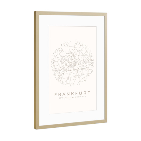Poster mit Rahmen Gold "Frankfurt minimalist map white" artboxONE - Städte,Städte / Frankfurt,Kartografie
