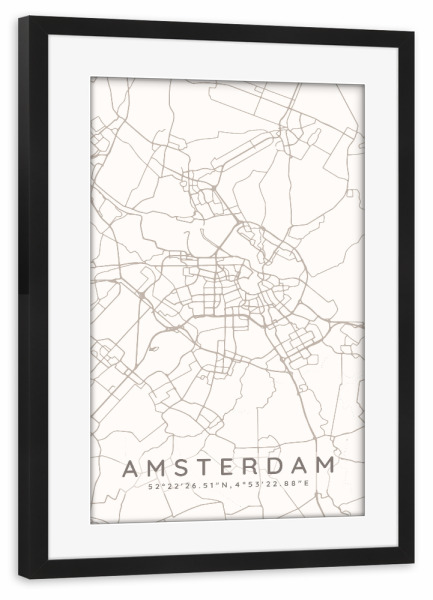 Poster mit Rahmen schwarz "Amsterdam minimalist map Taupe" artboxONE - Städte,Städte / Amsterdam,Kartografie