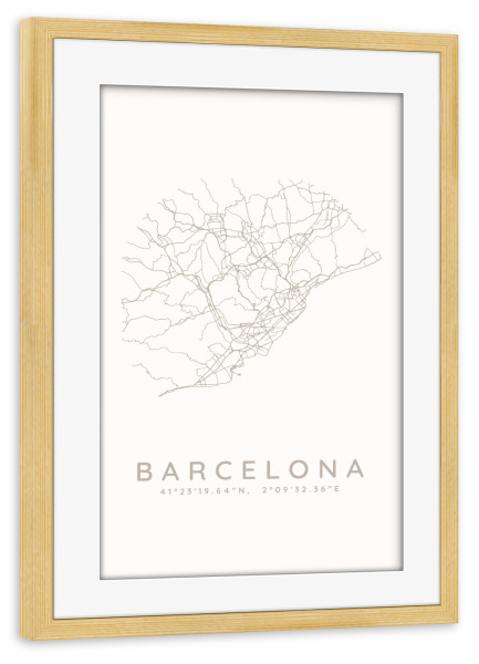 Poster mit Rahmen kiefer "Barcelona minimalist map white" artboxONE - Städte,Städte / Barcelona,Kartografie