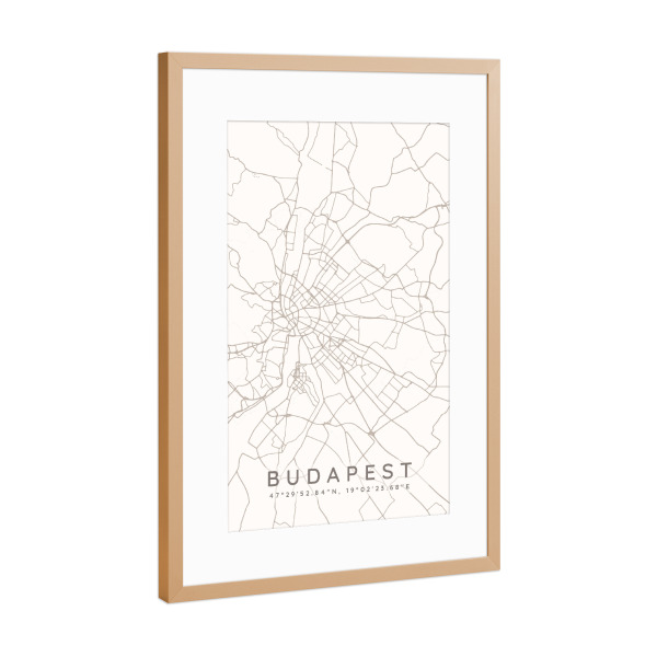 Poster mit Rahmen Kupfer "Budapest minimalist map taupe" artboxONE - Städte,Städte / Budapest,Kartografie