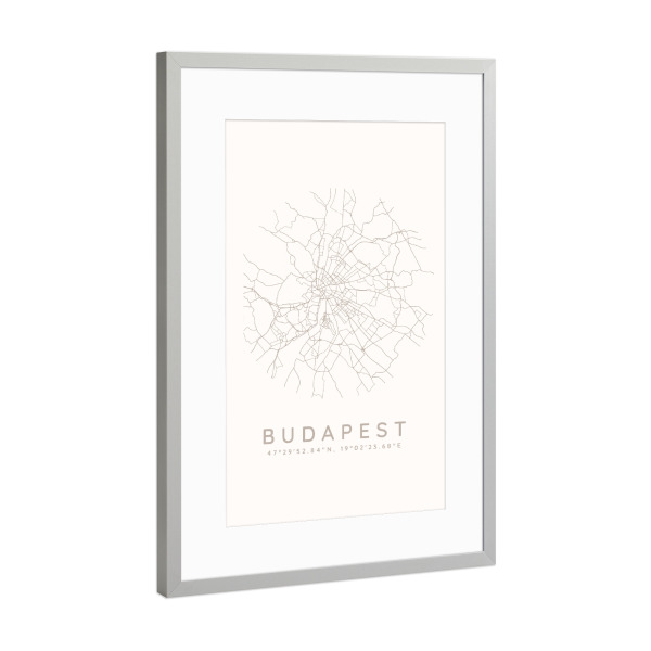 Poster mit Rahmen Silber "Budapest minimalist map white" artboxONE - Städte,Städte / Budapest,Kartografie