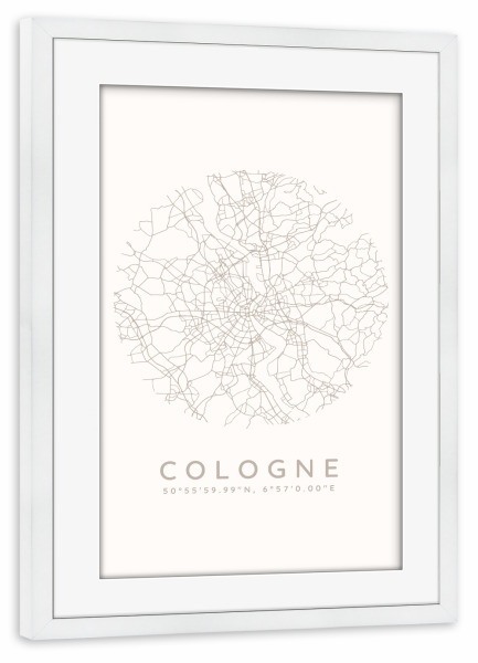Poster mit Rahmen weiß "Köln minimalistische Karte weiß" artboxONE - Städte,Städte / Köln,Kartografie