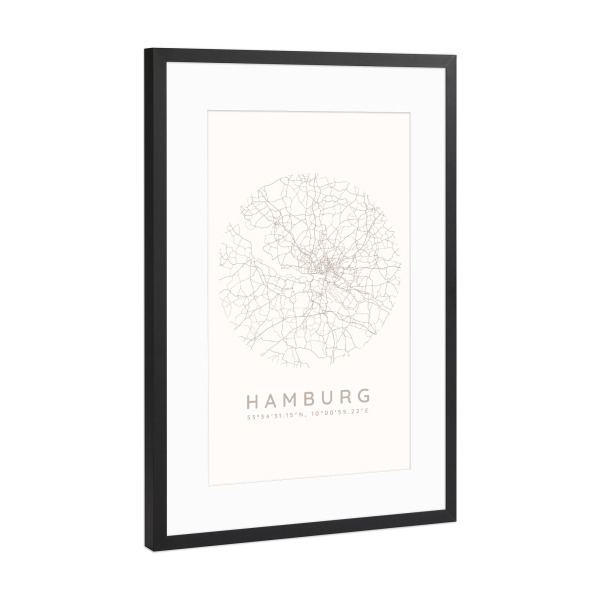Poster mit Rahmen Schwarz (Metallic) "Hamburg minimalist map white" artboxONE - Städte,Städte / Hamburg,Kartografie