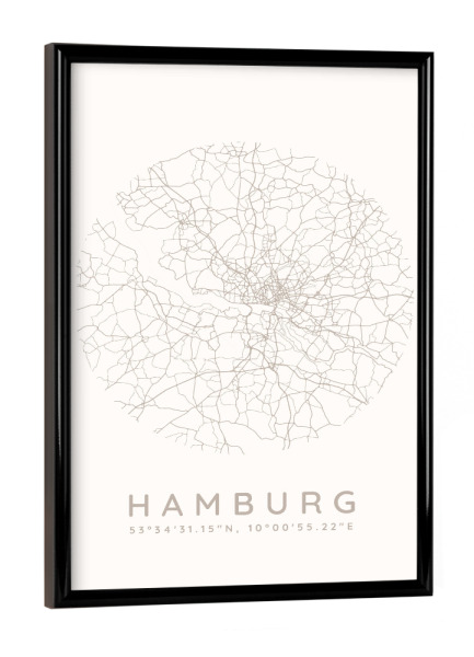 Poster mit schwarzem Rahmen "Hamburg minimalist map white" artboxONE - Städte,Städte / Hamburg,Kartografie