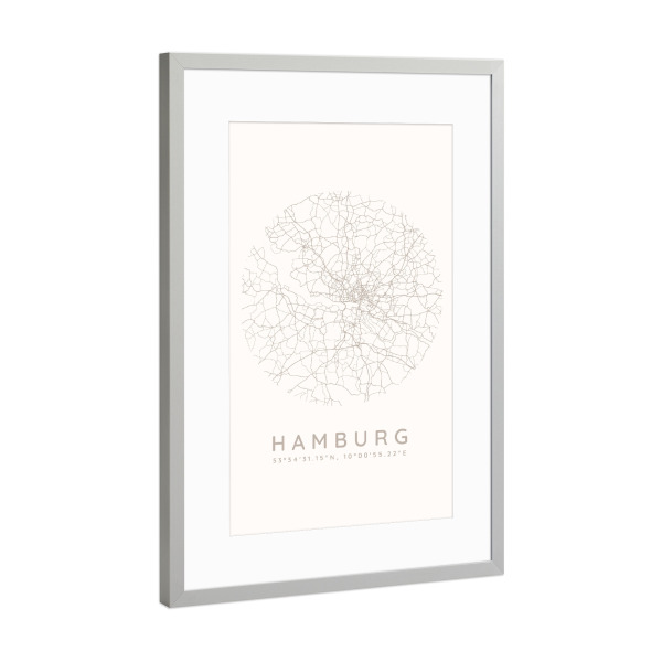 Poster mit Rahmen Silber "Hamburg minimalist map white" artboxONE - Städte,Städte / Hamburg,Kartografie