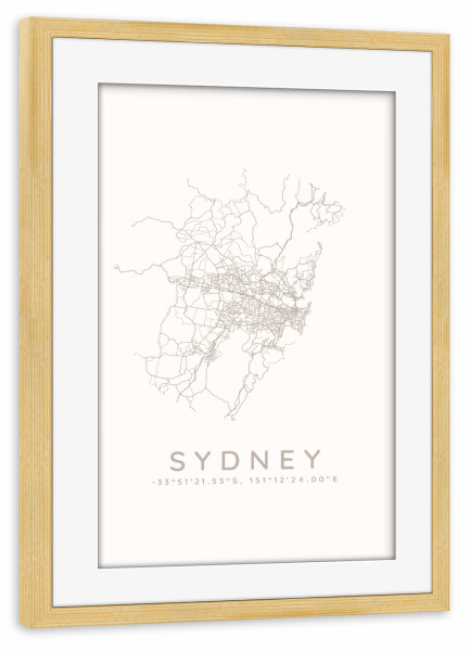 Poster mit Rahmen kiefer "Sydney minimalistische Karte weiß" artboxONE - Städte,Städte / Sydney,Kartografie