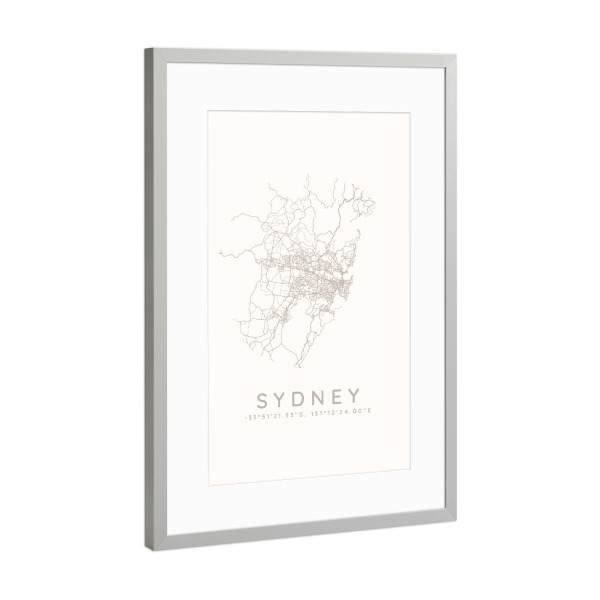 Poster mit Rahmen Silber "Sydney minimalistische Karte weiß" artboxONE - Städte,Städte / Sydney,Kartografie