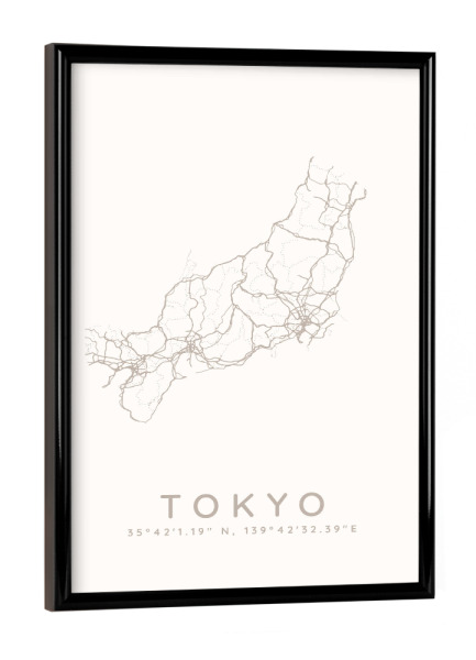 Poster mit schwarzem Rahmen "Tokio minimalistische Karte weiß" artboxONE - Städte,Städte / Tokio,Kartografie
