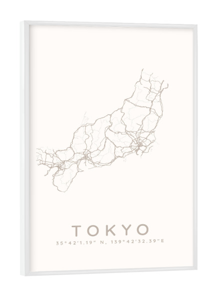 Poster mit weißem Rahmen "Tokio minimalistische Karte weiß" artboxONE - Städte,Städte / Tokio,Kartografie