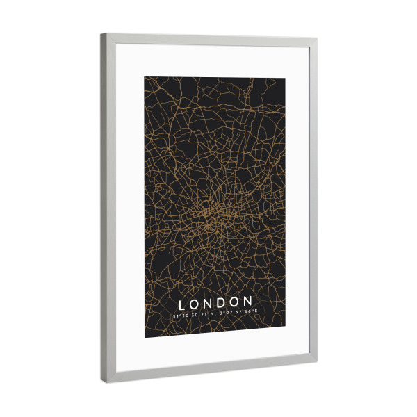 Poster mit Rahmen Silber "London minimalist map Dark" artboxONE - Städte,Städte / London,Kartografie