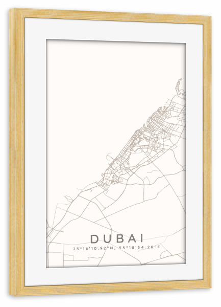 Poster mit Rahmen kiefer "Dubai minimalistische Karte Taupe" artboxONE - Städte,Städte / Dubai,Kartografie