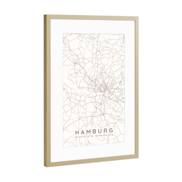 Poster mit Rahmen Gold "Hamburg minimalist map taupe" artboxONE - Städte,Städte / Hamburg,Kartografie