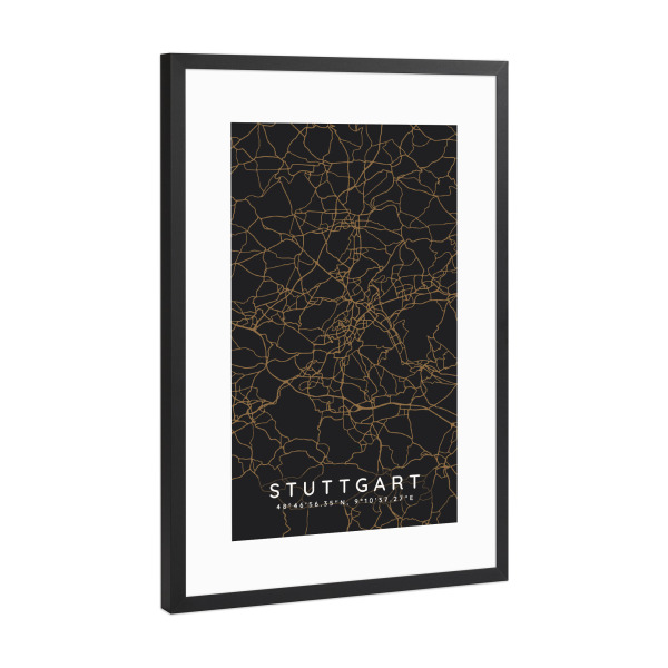 Poster mit Rahmen Schwarz (Metallic) "Stuttgart minimalist map Dark" artboxONE - Städte,Städte / Stuttgart