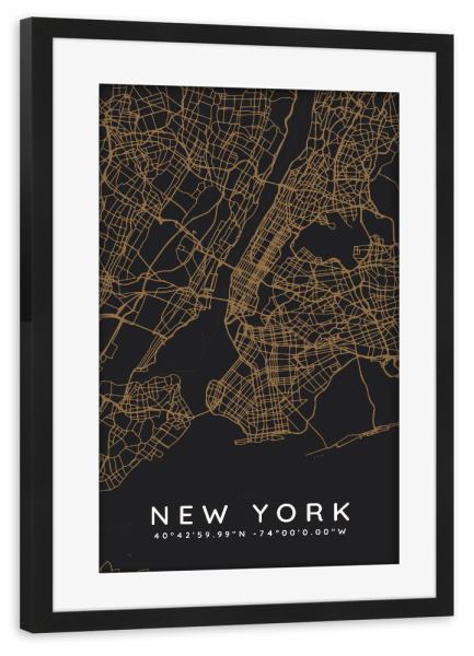 Poster mit Rahmen schwarz "New York minimalist map Dark" artboxONE - Städte,Städte / New York,Kartografie