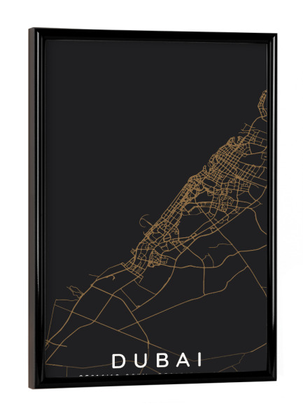 Poster mit schwarzem Rahmen "Dubai minimalistische Karte Dunkel" artboxONE - Städte,Städte / Dubai,Kartografie