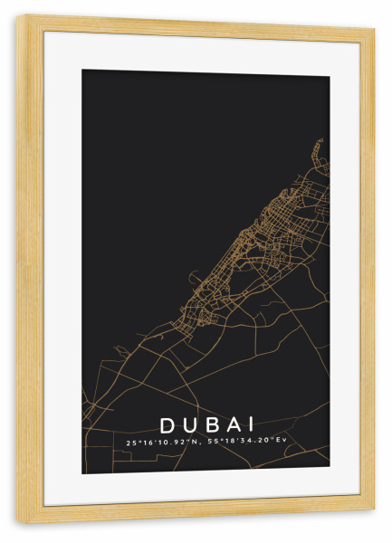 Poster mit Rahmen kiefer "Dubai minimalistische Karte Dunkel" artboxONE - Städte,Städte / Dubai,Kartografie