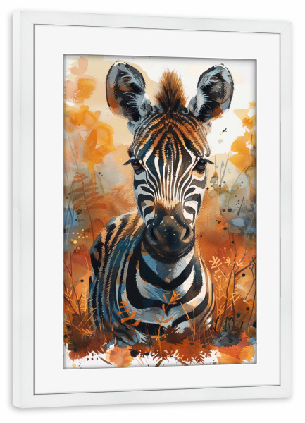 Poster mit Rahmen weiß "Baby Zebra (matart)" artboxONE - Für Kinder,Tiere - Zebra,Tier,Tiere,Natur,Baby,Niedlich,Wild,Tierwelt,Malerei,Aquarell