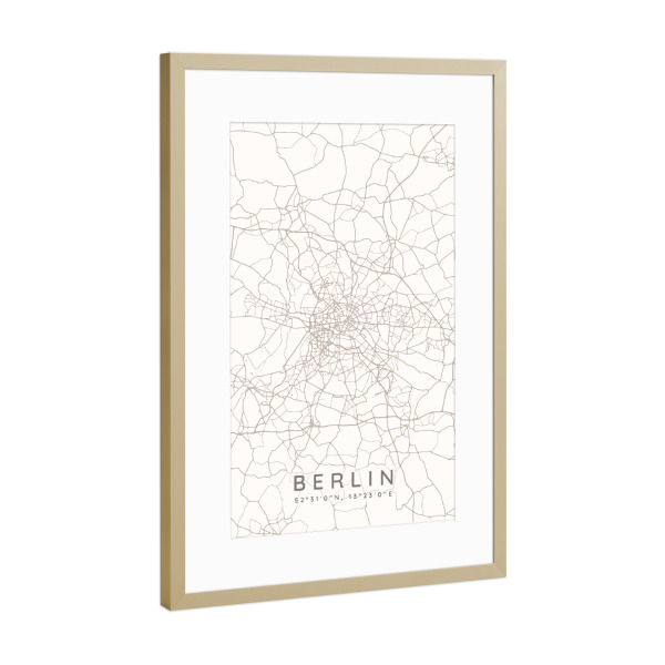 Poster mit Rahmen Gold "Berlin minimalistische Karte Taupe" artboxONE - Städte,Städte / Berlin,Kartografie