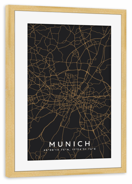 Poster mit Rahmen kiefer "Munich minimalist map Dark" artboxONE - Städte,Städte / München,Kartografie