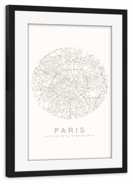 Poster mit Rahmen schwarz "Paris minimalistische Karte weiß" artboxONE - Städte,Städte / Paris,Kartografie