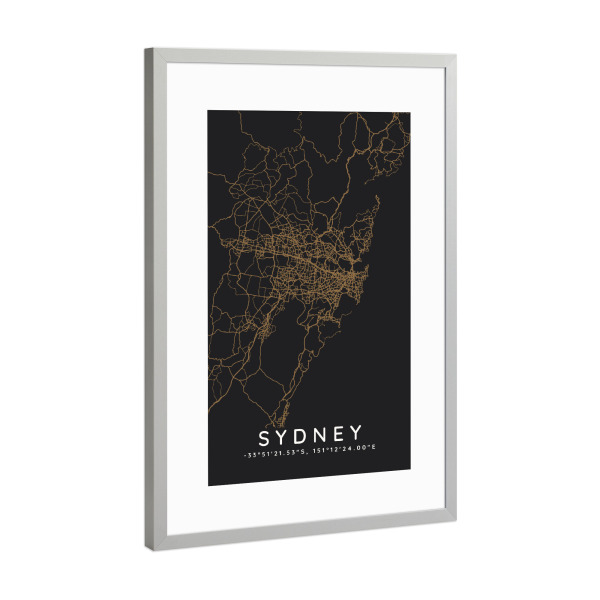 Poster mit Rahmen Silber "Sydney minimalist map Dark" artboxONE - Städte,Städte / Sydney,Kartografie