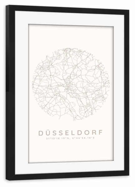 Poster mit Rahmen schwarz "Düsseldorf minimalist map white" artboxONE - Städte,Städte / Düsseldorf