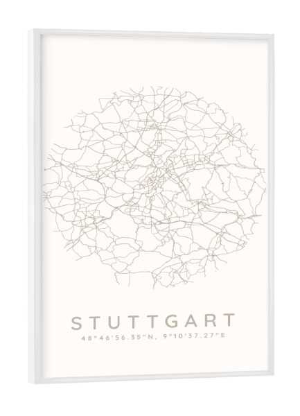 Poster mit weißem Rahmen "Stuttgart minimalist map white" artboxONE - Städte,Städte / Stuttgart,Kartografie