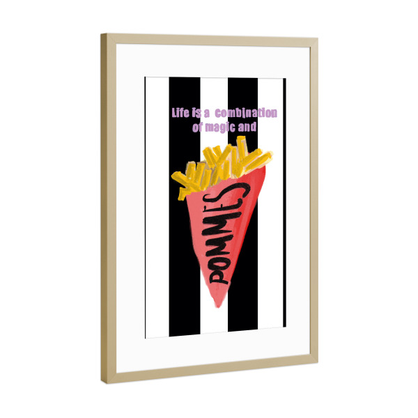 Poster mit Rahmen Gold "Pommes are magic" artboxONE - Essen & Trinken - Pommes,Fritten,Fries,Pomm,Magic,Streifen,I love pommes,Food,Utearnold
