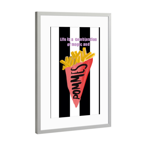 Poster mit Rahmen Silber "Pommes are magic" artboxONE - Essen & Trinken - Pommes,Fritten,Fries,Pomm,Magic,Streifen,I love pommes,Food,Utearnold