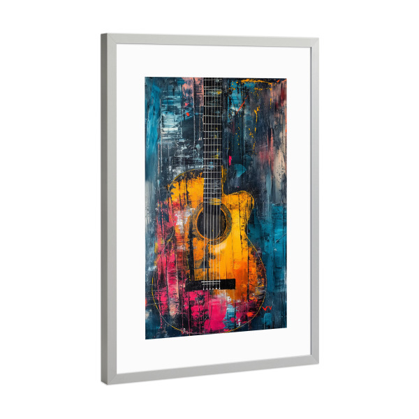 Poster mit Rahmen Silber "Bunte Gitarre" artboxONE - Musik - Gitarre,Musik,Instrument,Bunt,Musikinstrument,Ki