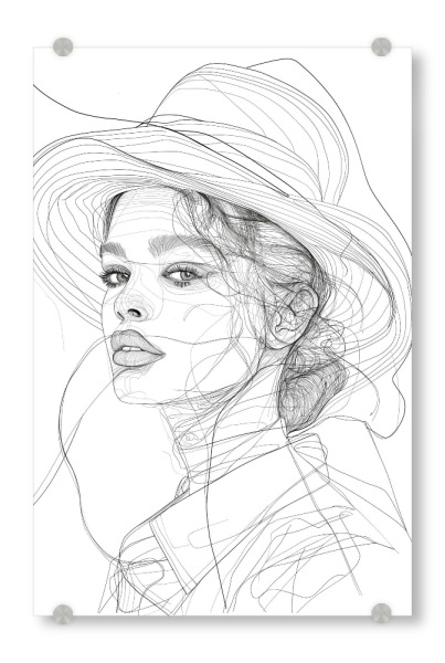 Acrylglasbild "Line art woman with a hat" artboxONE - Menschen,Schwarzweiß - Female,Lineart,Line,Art,Minimalistisch,Schwarzweiß,Frau,Hut,Ki