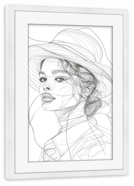 Poster mit Rahmen weiß "Line art woman with a hat" artboxONE - Menschen,Schwarzweiß - Female,Lineart,Line,Art,Minimalistisch,Schwarzweiß,Frau,Hut,Ki