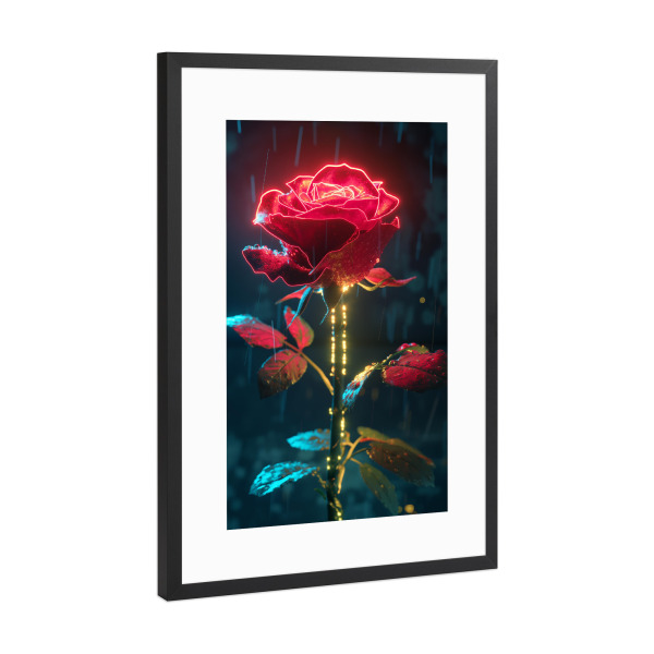 Poster mit Rahmen Schwarz (Metallic) "Neon Rose" artboxONE - Natur,Floral - Rose,Blume,Neon,Licht,Floral,Natur,Pflanze,Ki