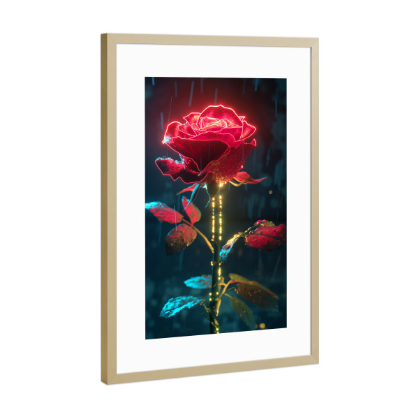 Poster mit Rahmen Gold "Neon Rose" artboxONE - Natur,Floral - Rose,Blume,Neon,Licht,Floral,Natur,Pflanze,Ki