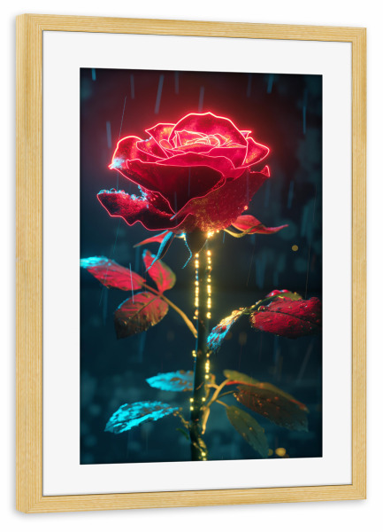 Poster mit Rahmen kiefer "Neon Rose" artboxONE - Natur,Floral - Rose,Blume,Neon,Licht,Floral,Natur,Pflanze,Ki