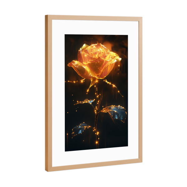 Poster mit Rahmen Kupfer "Neon Rose - gelb" artboxONE - Natur,Floral - Neon,Rose,Blume,Pflanze,Natur,Leuchtend,Bunt,Ki