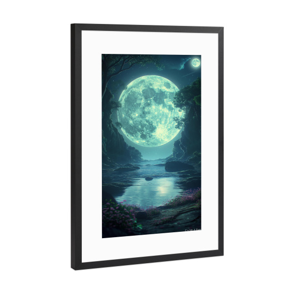 Poster mit Rahmen Schwarz (Metallic) "Vollmond Illustration" artboxONE - Natur,Reise - Natur,Landschaft,Mond,Vollmond,Reise,Sternenhimmel,Himmel,Ki