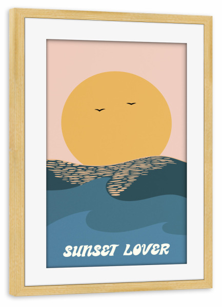 Poster mit Rahmen kiefer "Sunset Lover" artboxONE - Natur,Reise - Ozean,Meer,Sonnenuntergang,Illustration,Wild,Surfer,Surfing