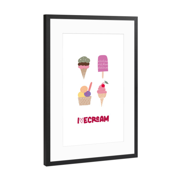 Poster mit Rahmen Schwarz (Metallic) "I love icecream" artboxONE - Typografie,Essen & Trinken - Icecream,Eis,Eis am stil,Illustration