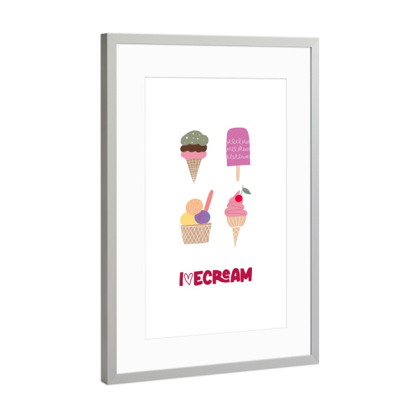 Poster mit Rahmen Silber "I love icecream" artboxONE - Typografie,Essen & Trinken - Icecream,Eis,Eis am stil,Illustration