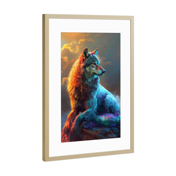 Poster mit Rahmen Gold "Wolf Colorful 2 (matart)" artboxONE - Tiere - Wolf,Wolves,Animal,Animals,Nature,Wild,Colorful,Watercolor,Modern