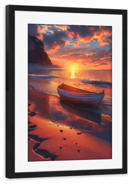 Poster mit Rahmen schwarz "Boat at the beach at sunset" artboxONE - Natur,Reise,Reise / Strand und Meer