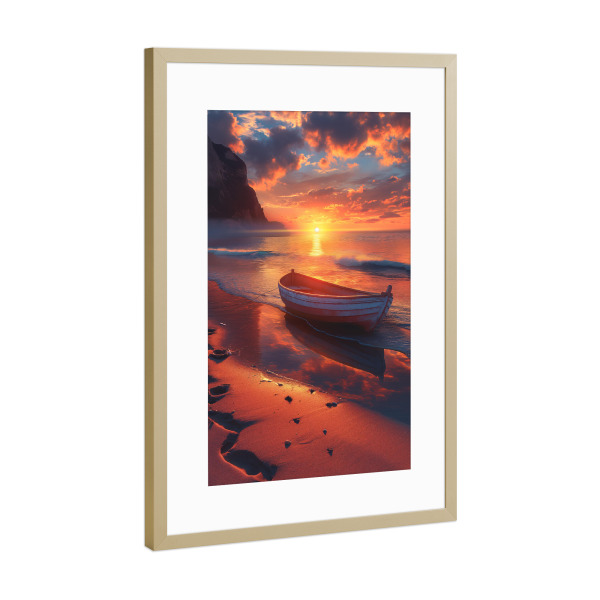 Poster mit Rahmen Gold "Boat at the beach at sunset" artboxONE - Natur,Reise,Reise / Strand und Meer