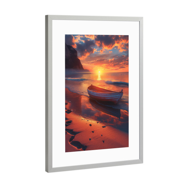Poster mit Rahmen Silber "Boat at the beach at sunset" artboxONE - Natur,Reise,Reise / Strand und Meer