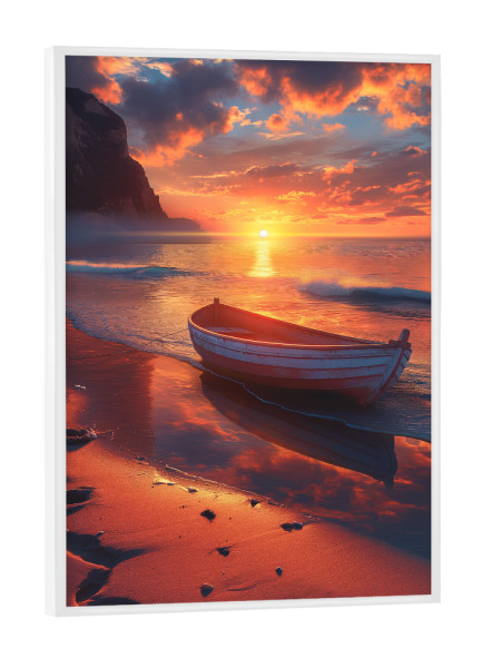 Poster mit weißem Rahmen "Boat at the beach at sunset" artboxONE - Natur,Reise,Reise / Strand und Meer